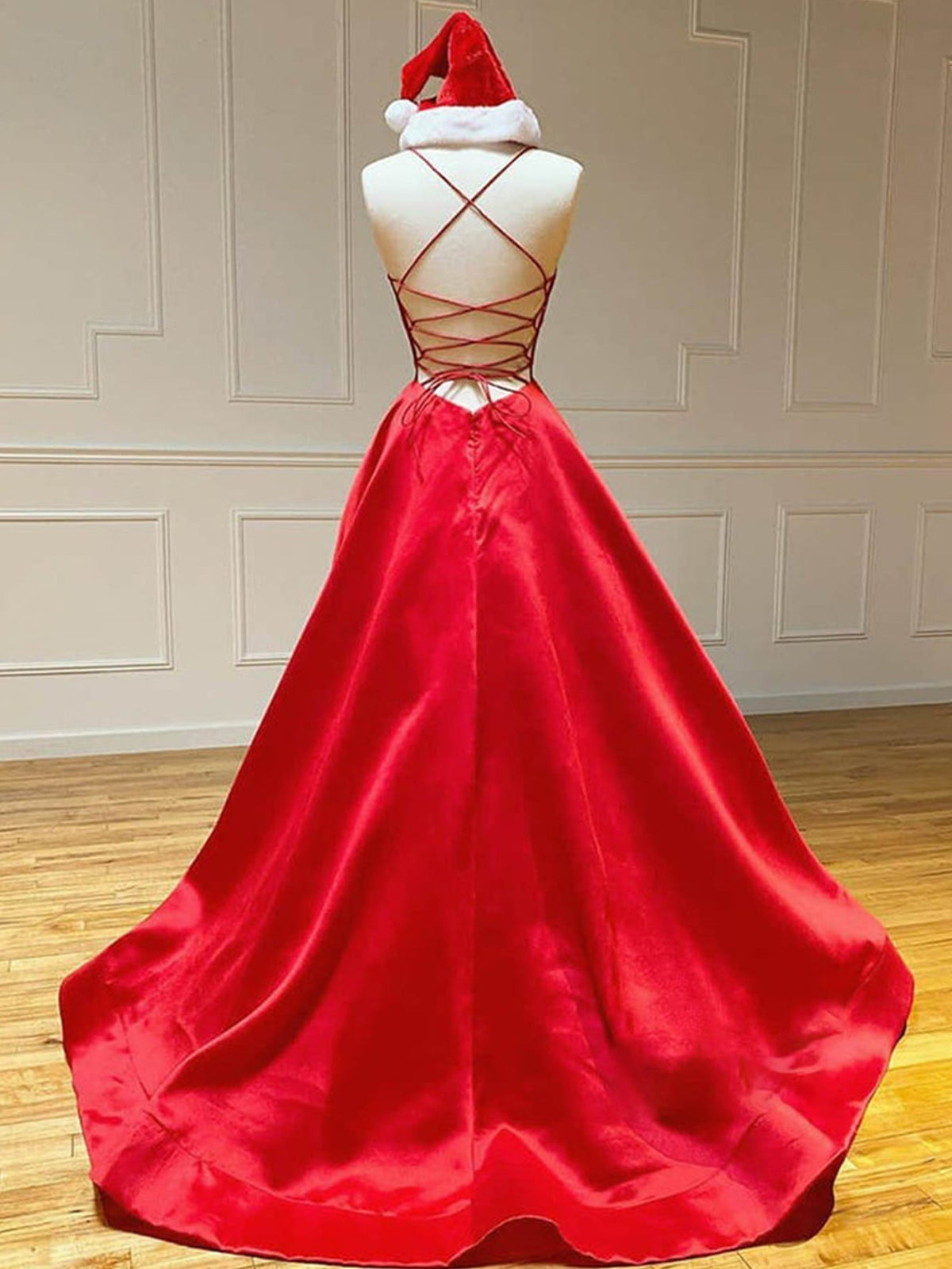 Satin A Line V Neck Long Prom Dress