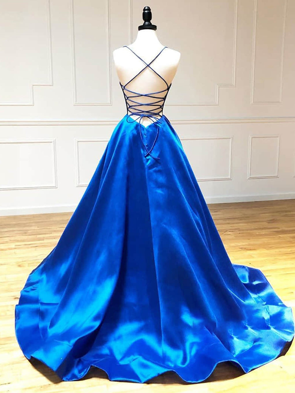 Satin A Line V Neck Long Prom Dress