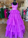 Abito lungo da ballo viola in tulle con balze a linea ad A Roycebridal