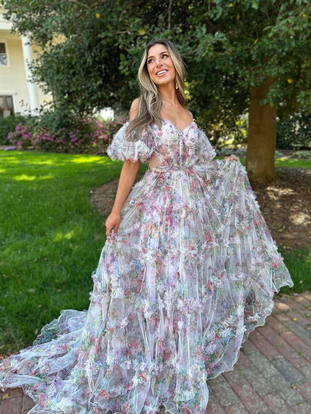 Sydney | Vestido largo de fiesta con escote corazón y falda en línea A de tul estampado