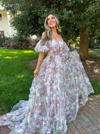 Sydney | Vestido largo de fiesta con escote corazón y falda en línea A de tul estampado