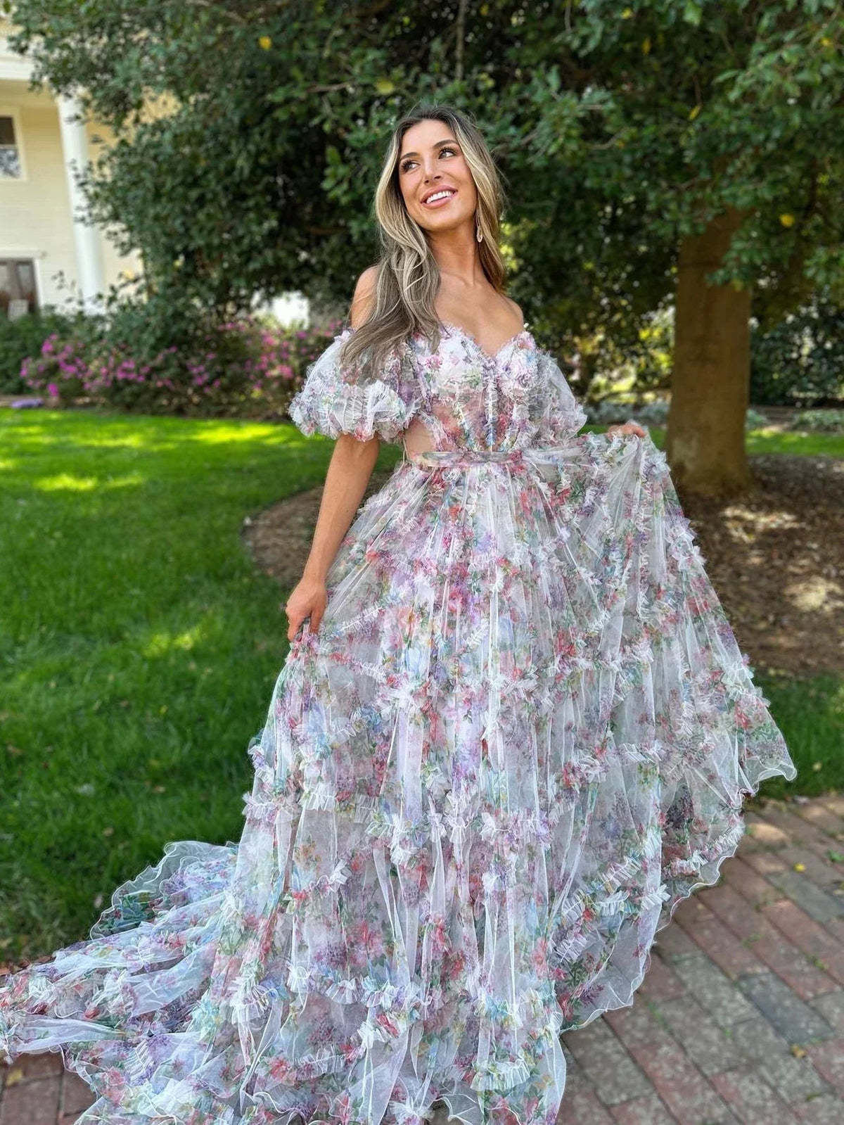 Sydney | Vestido largo de fiesta con escote corazón y falda en línea A de tul estampado
