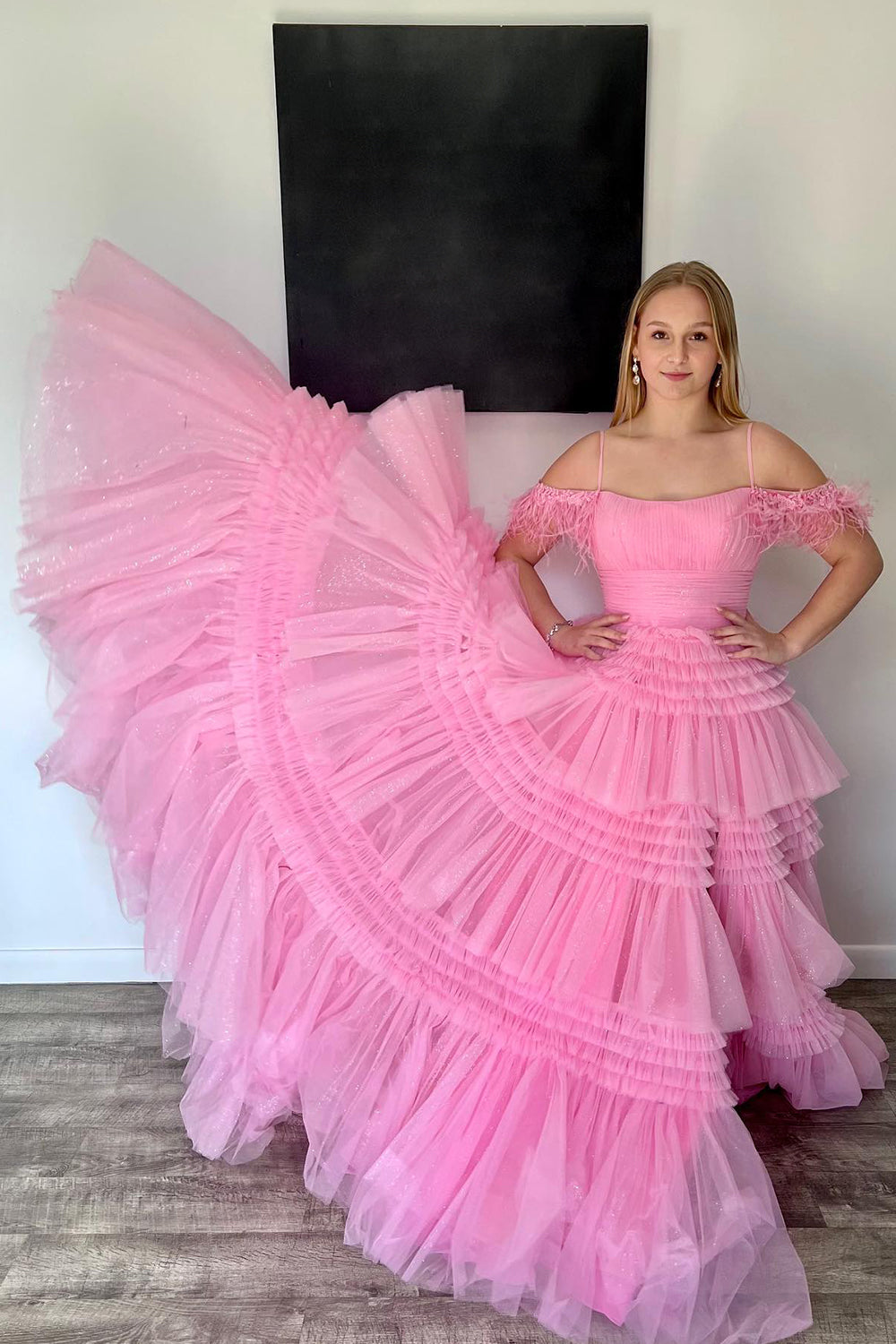 Roycebridal Lilah | Abito da sera a linea ad A con spalline sottili in tulle scintillante e spacco