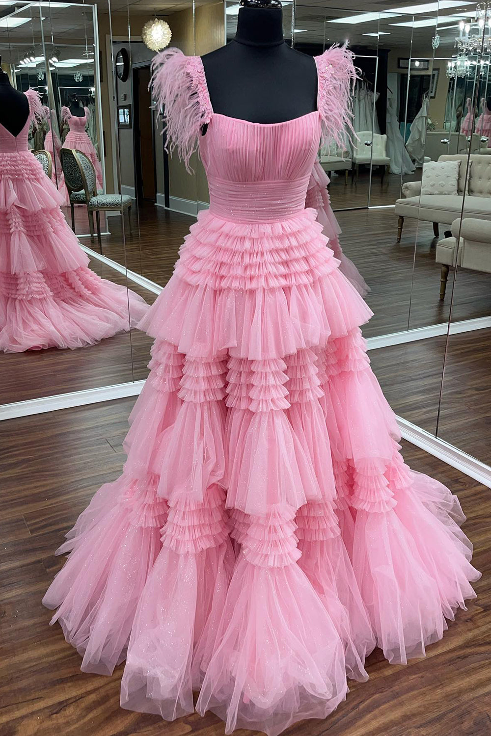 Roycebridal Lilah | Abito da sera a linea ad A con spalline sottili in tulle scintillante e spacco