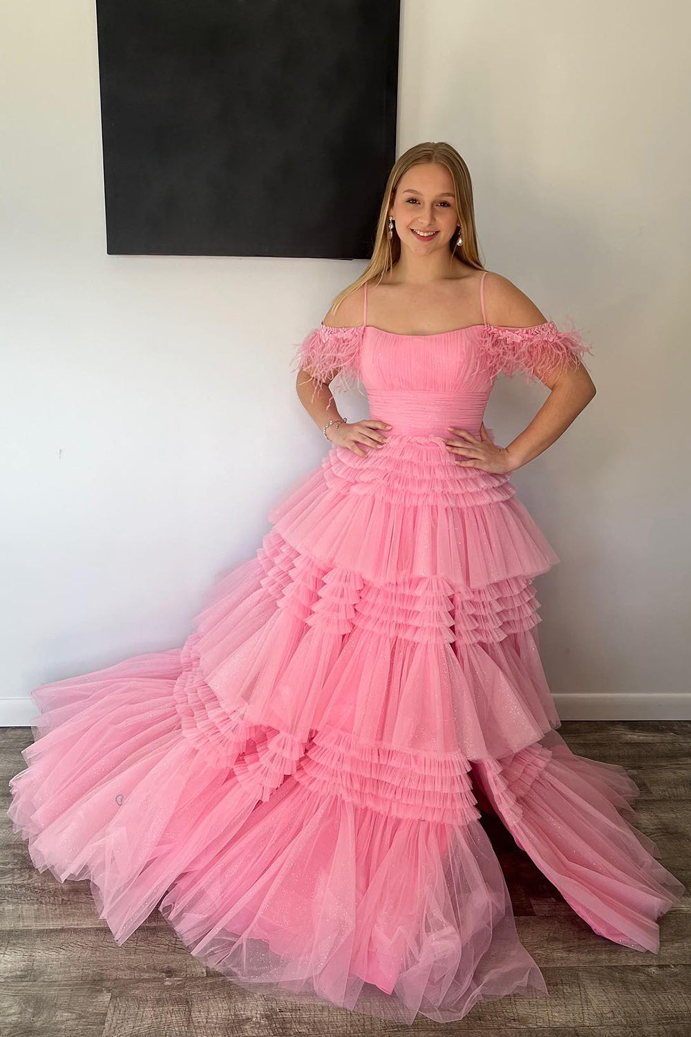 Roycebridal Lilah | Abito da sera a linea ad A con spalline sottili in tulle scintillante e spacco