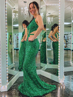 Cutout Mermaid Green Backless Long Prom Dress