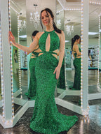 Cutout Mermaid Green Backless Long Prom Dress