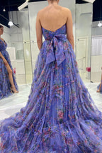 A-Line Sweetheart Floral Printed Tulle Prom Dress with Slit
