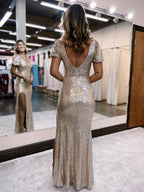 Meerjungfrau Goldenes kurze Ärmel langes Ballkleid