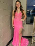 Mermaid V Neck Backless Tight Long Prom Dress With Slit