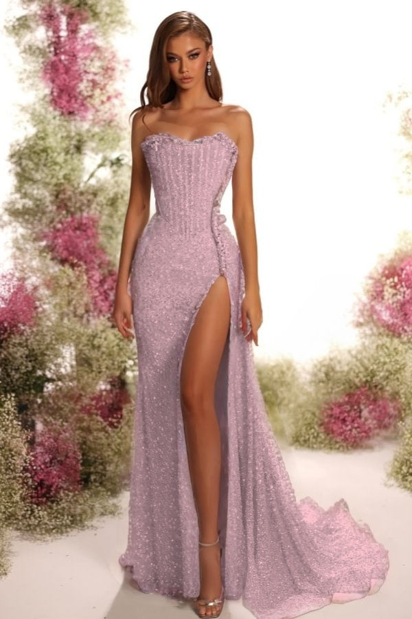 Vestido de baile sem alças sem mangas com lantejoulas plissadas e corte comprido