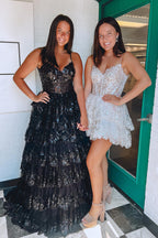 A Line Spaghetti Straps Tiered Lace Prom Dress