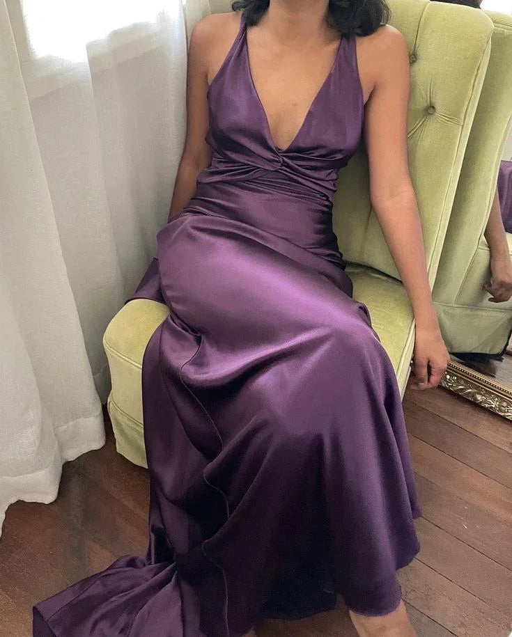 Vestido largo de fiesta morado con escote en V y espalda descubierta, vestido de noche para baile Y7520