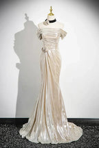 Charming Champagne Off The Shoulder Satin Prom Dress Mermaid Evening Gown Y8202