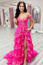 Fuchsia Princess Off the Shoulder Long Tiered Corset Prom Dress with Sequins