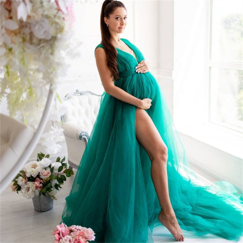 V-neck high split big belly dress, tulle maternity dress, draped long mesh pregnancy evening dress