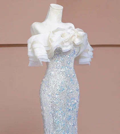 Vestido de Festa Formal Prateado de Lantejoulas com Contas de Sereia Luxuoso Y7614