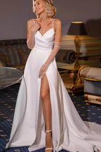 Robe de bal chérie à fines bretelles blanche fendue devant sirène
