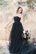 Elegant Black Floor Length A Line Strapless Wedding Dress With Tulle