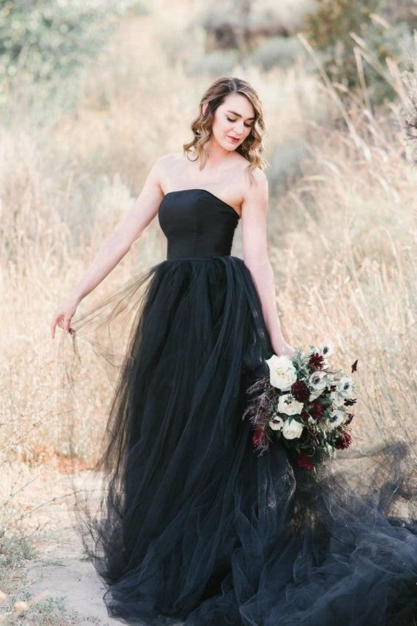 Elegant Black Floor Length A Line Strapless Wedding Dress With Tulle