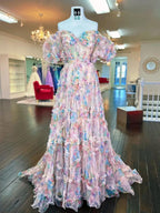 Sydney | Vestido largo de fiesta con escote corazón y falda en línea A de tul estampado