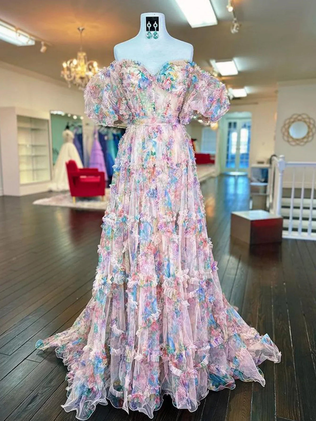Sydney | Vestido largo de fiesta con escote corazón y falda en línea A de tul estampado