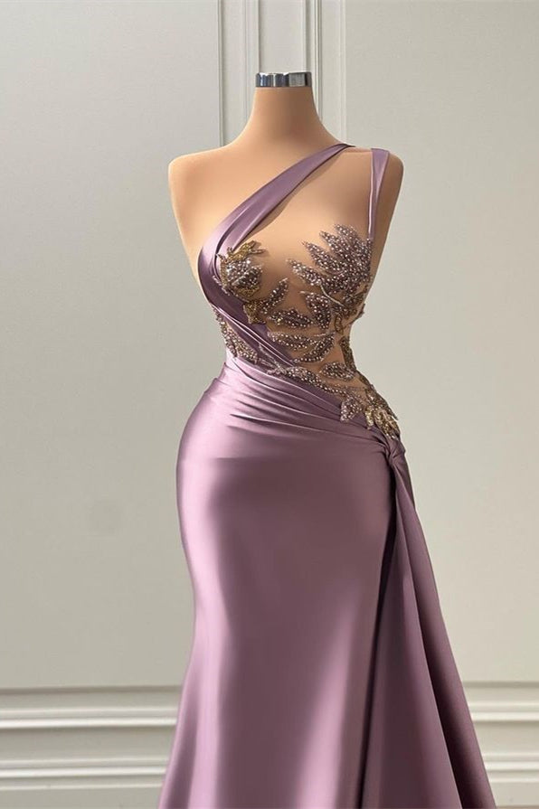 Robe de bal longue sirène en satin avec dentelle, une épaule, sans manches