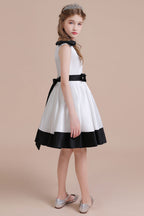 BMbridal A Line Satin Knee Length Flower Girl Dress Jewel Neck Bow Rhinestones