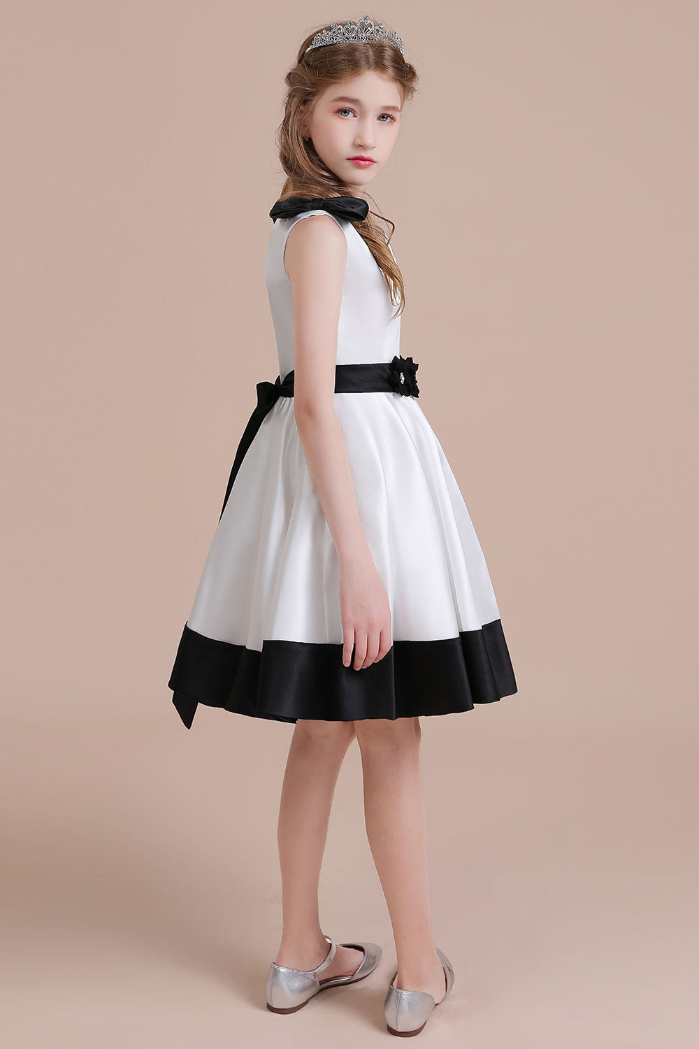 BMbridal A Line Satin Knee Length Flower Girl Dress Jewel Neck Bow Rhinestones