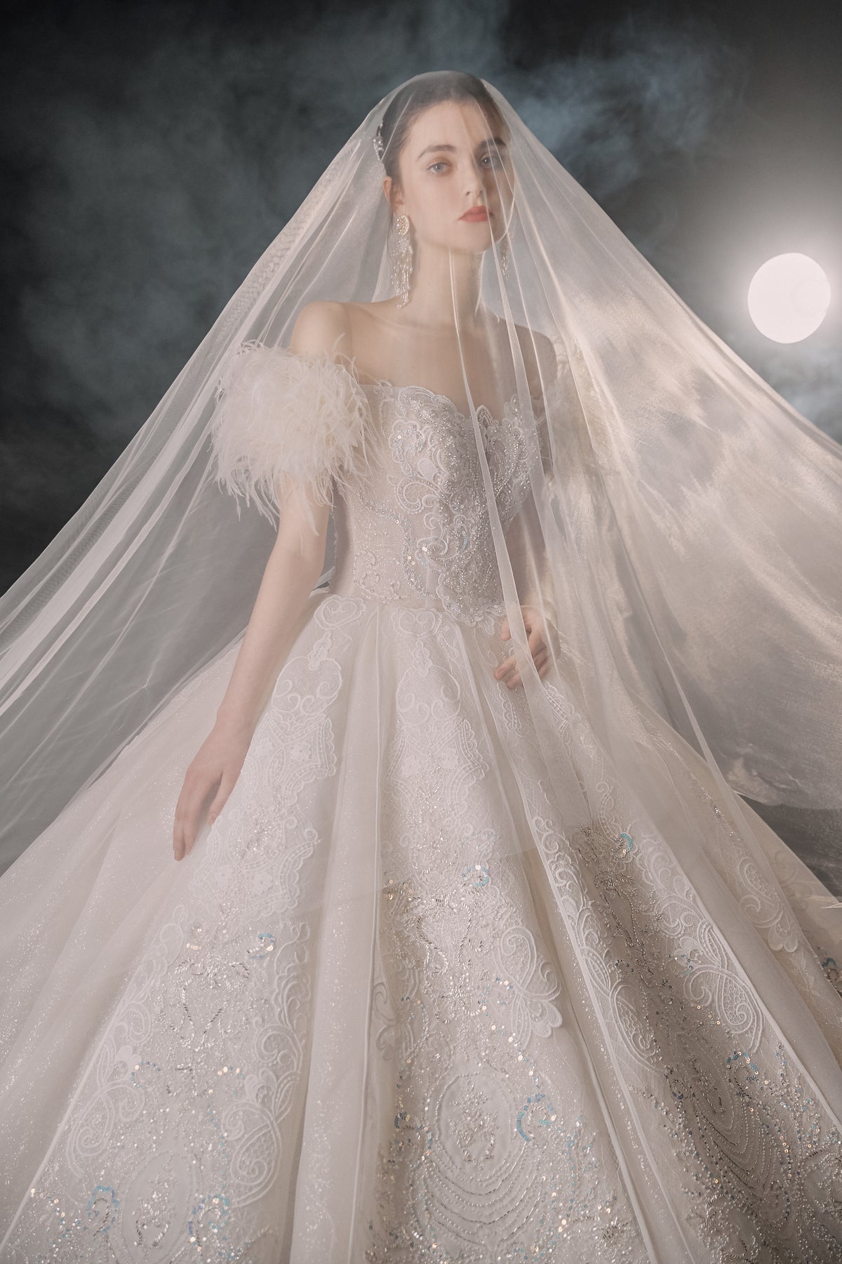 Vestido de Noiva Etéreo com Ombros Descobertos, Plumas e Saia Rodada, com Cauda de Catedral e Aplicações de Renda com Cristais