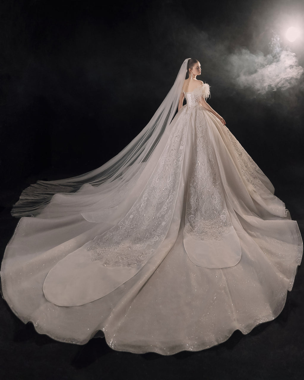 Vestido de Noiva Etéreo com Ombros Descobertos, Plumas e Saia Rodada, com Cauda de Catedral e Aplicações de Renda com Cristais