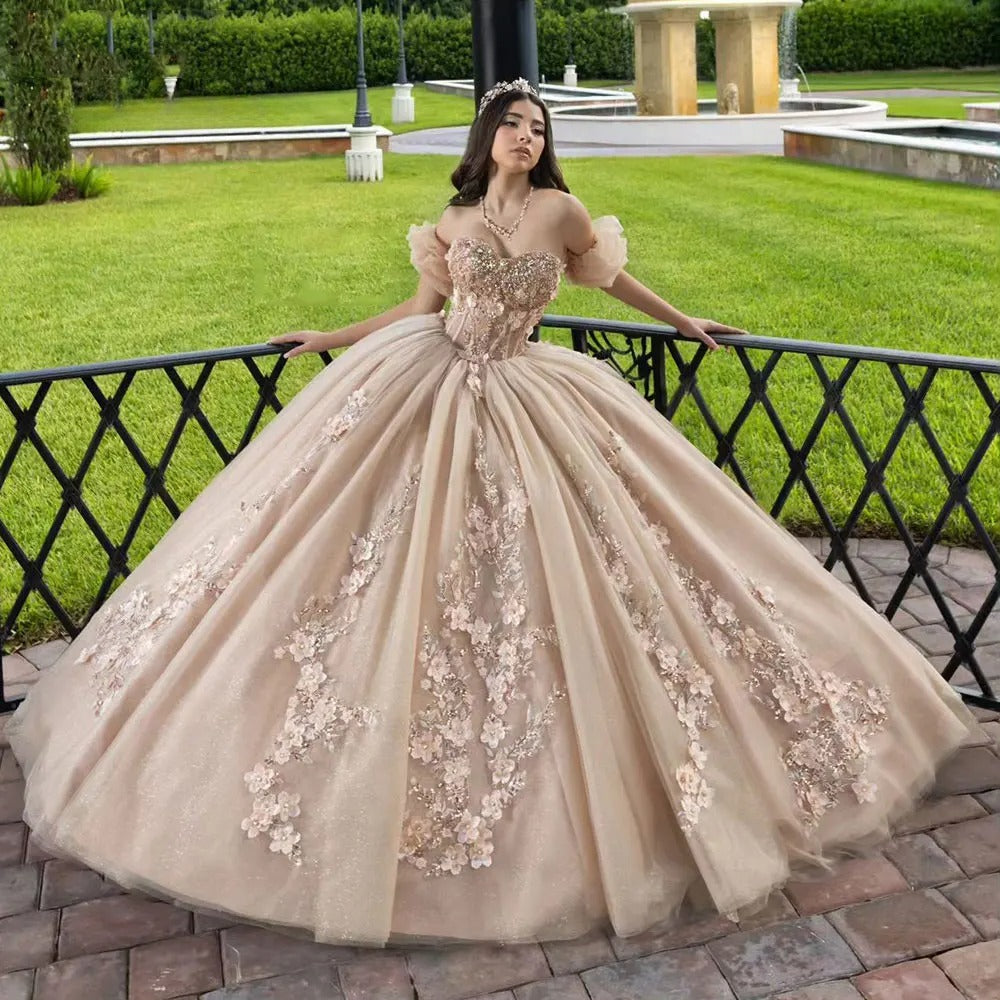 Champagne Beaded Ball Gown Detachable Sleeves Quinceanera Dress 2026