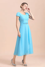 BMbridal Blue Short Sleeves Chiffon Mother of the Bride Dress Tea-Length Online