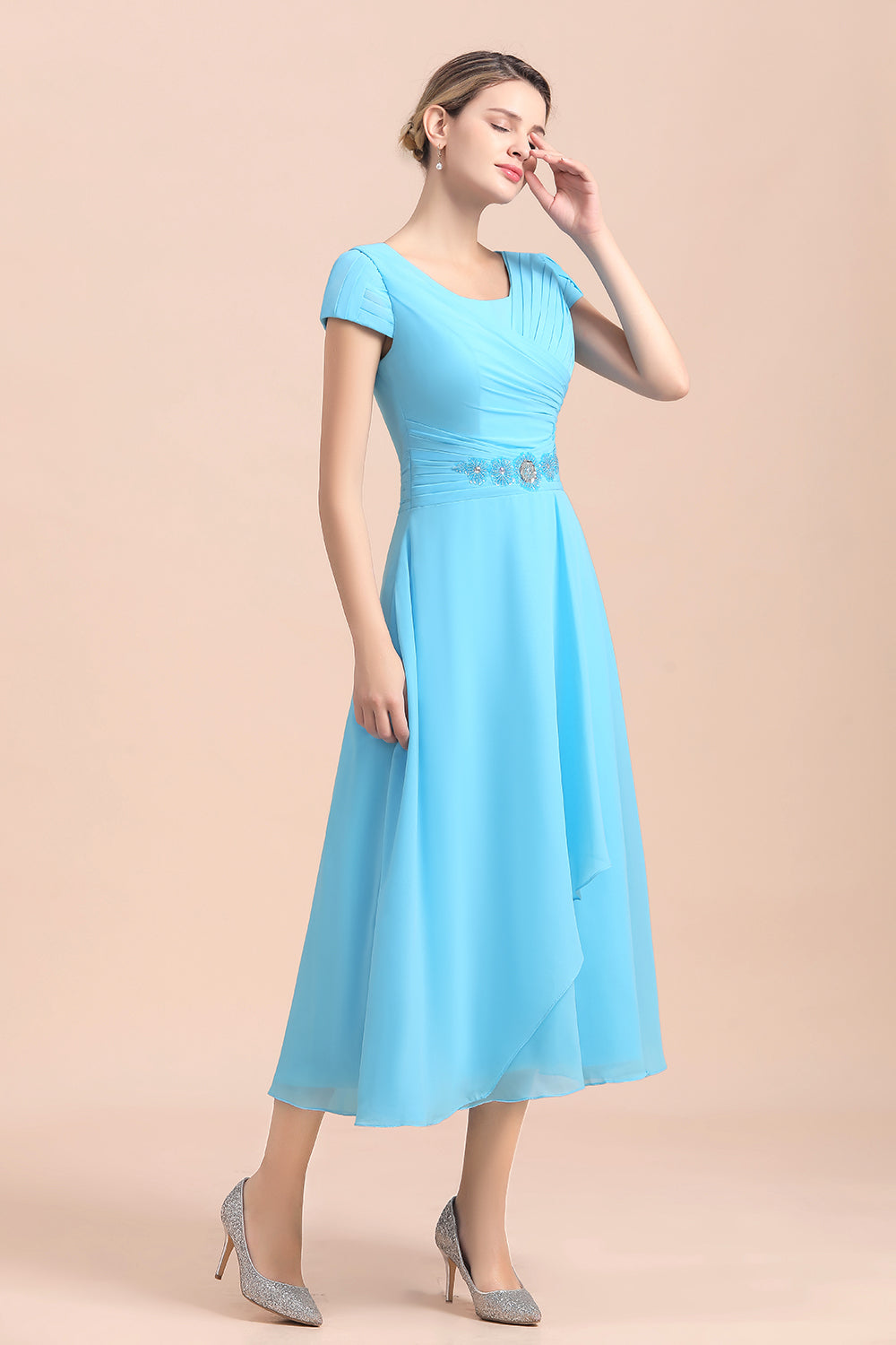 BMbridal Blue Short Sleeves Chiffon Mother of the Bride Dress Tea-Length Online