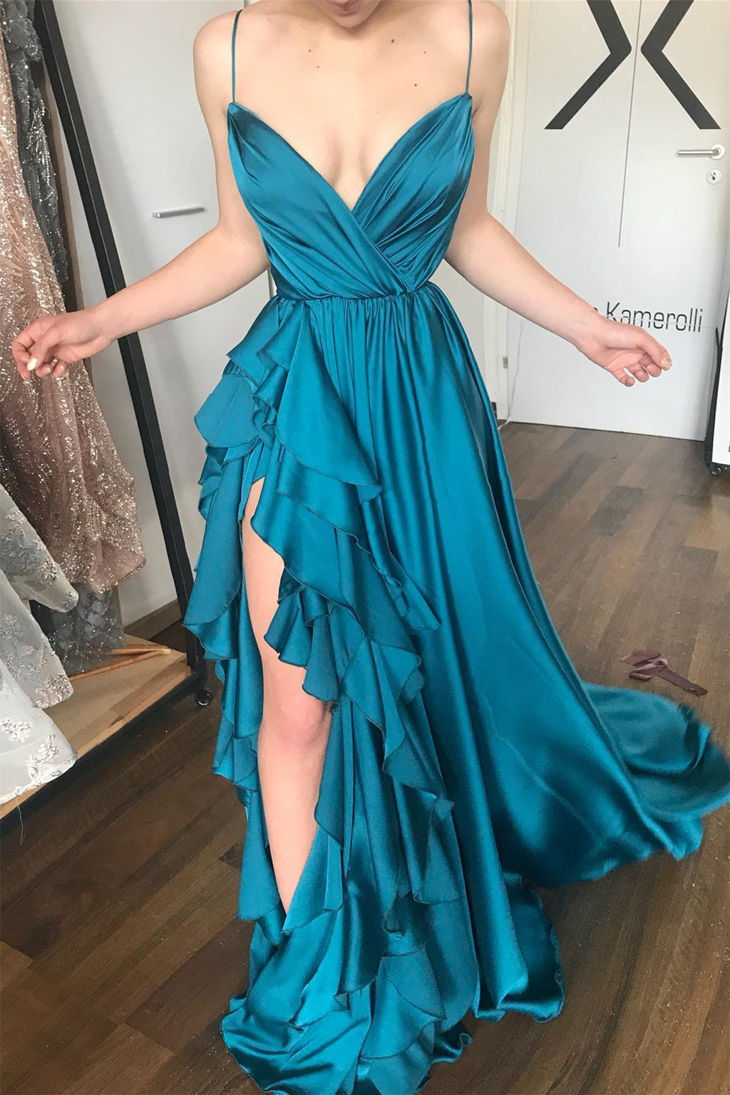 Ink Blue Spaghetti Straps V Neck Sleeveless Mermaid Prom Dress With Ruffles Slit