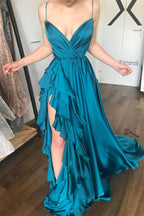 Ink Blue Spaghetti Straps V Neck Sleeveless Mermaid Prom Dress With Ruffles Slit