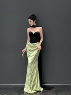 Vestido de Festa Longo Vintage em Cetim, Sem Alças, Estilo Sereia Y8593