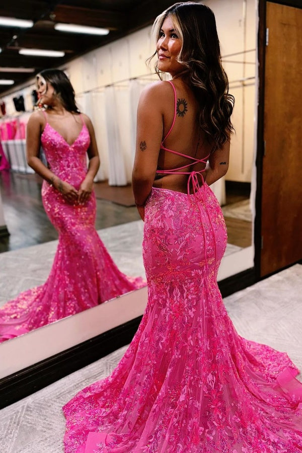 Vestido longo de baile de finalista cor-de-rosa com lantejoulas, estilo sereia, sem mangas e alças finas às costas