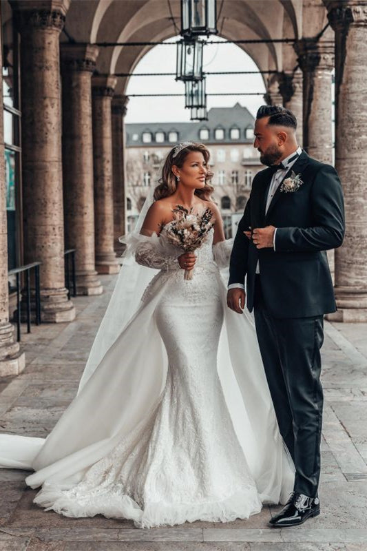 Bubble Sleeves Mermaid Lace Wedding Dress With Sweetheart Neckline