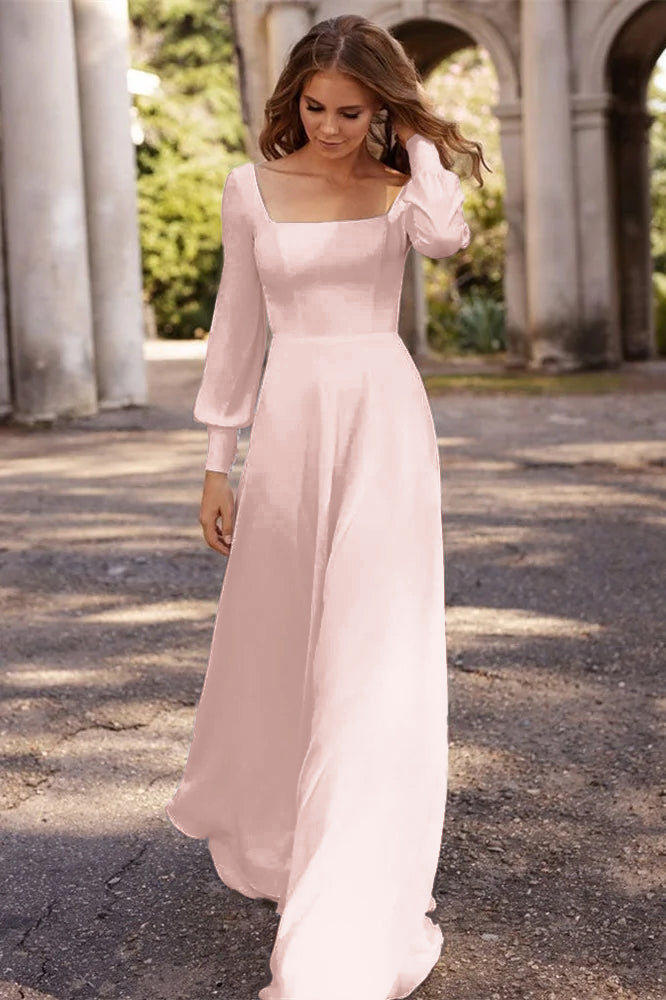 Square Neckline A Line Long Sleeve Wedding Dress For Elegant Bridal