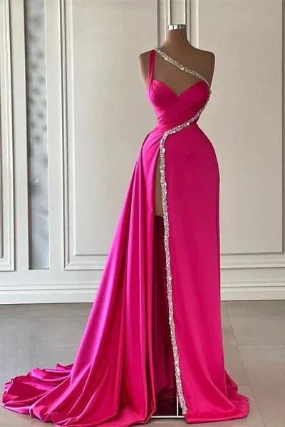 Vestido Longo de Cetim com Um Ombro Só, Bordado com Contas, Fenda, para Baile de Finalistas Y7692