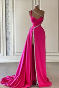 Vestido Longo de Cetim com Um Ombro Só, Bordado com Contas, Fenda, para Baile de Finalistas Y7692