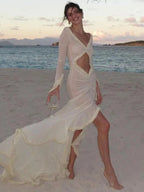 Abito Donna TARUXY con Scollo a V Profondo e Tocco di Trasparenza, Elegante Modello Aderente con Ricami Traforati, Perfetto per Vacanze e Spiaggia, Sexy con Balze e Spacco, Abito da Sera per Signore