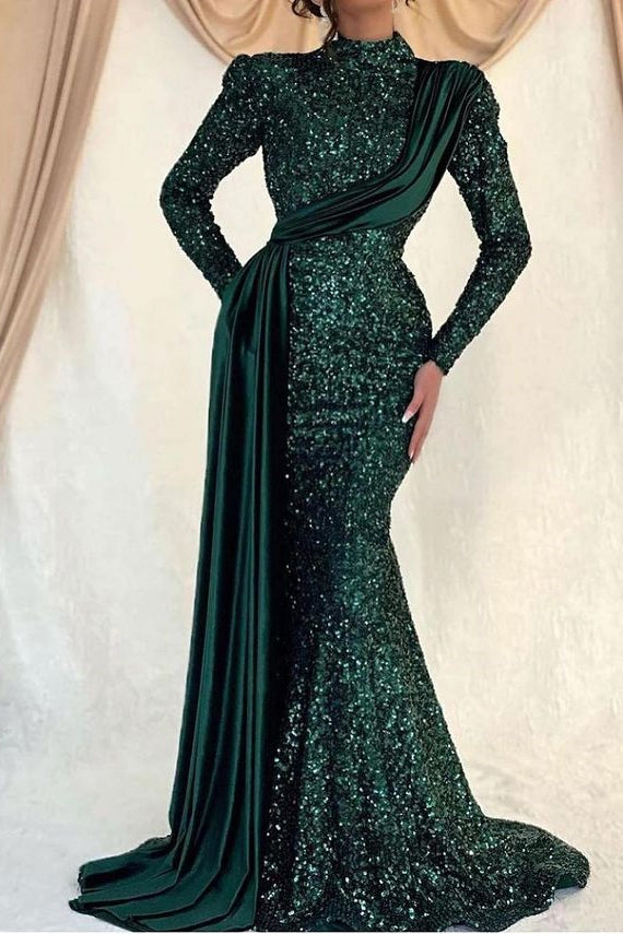 Vestido de Baile com Lantejoulas, Gola Alta, Mangas Compridas, Estilo Sereia e Folhos