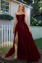 Strapless Sleeveless A Line Long Prom Dress Pleated Split