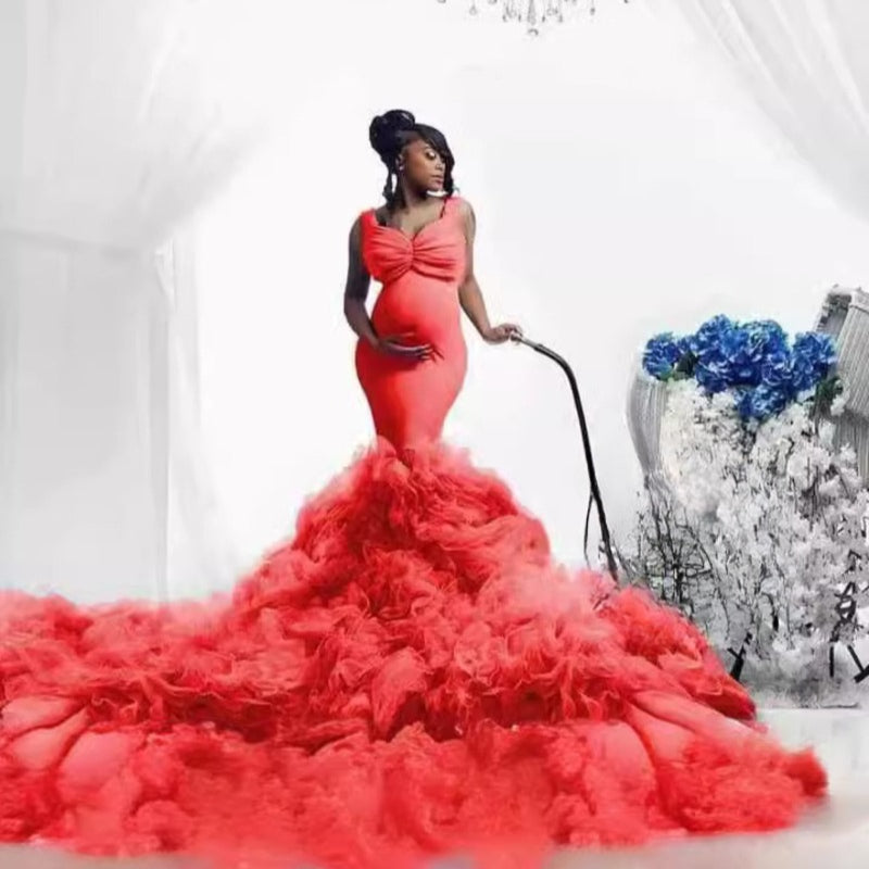 Nouvelle robe photo de grossesse à taille filet souple, queue de poisson, élastique, ample pour grand ventre