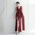 Vestido de noite longo modelo de carro socialite com contas artesanais para jantar