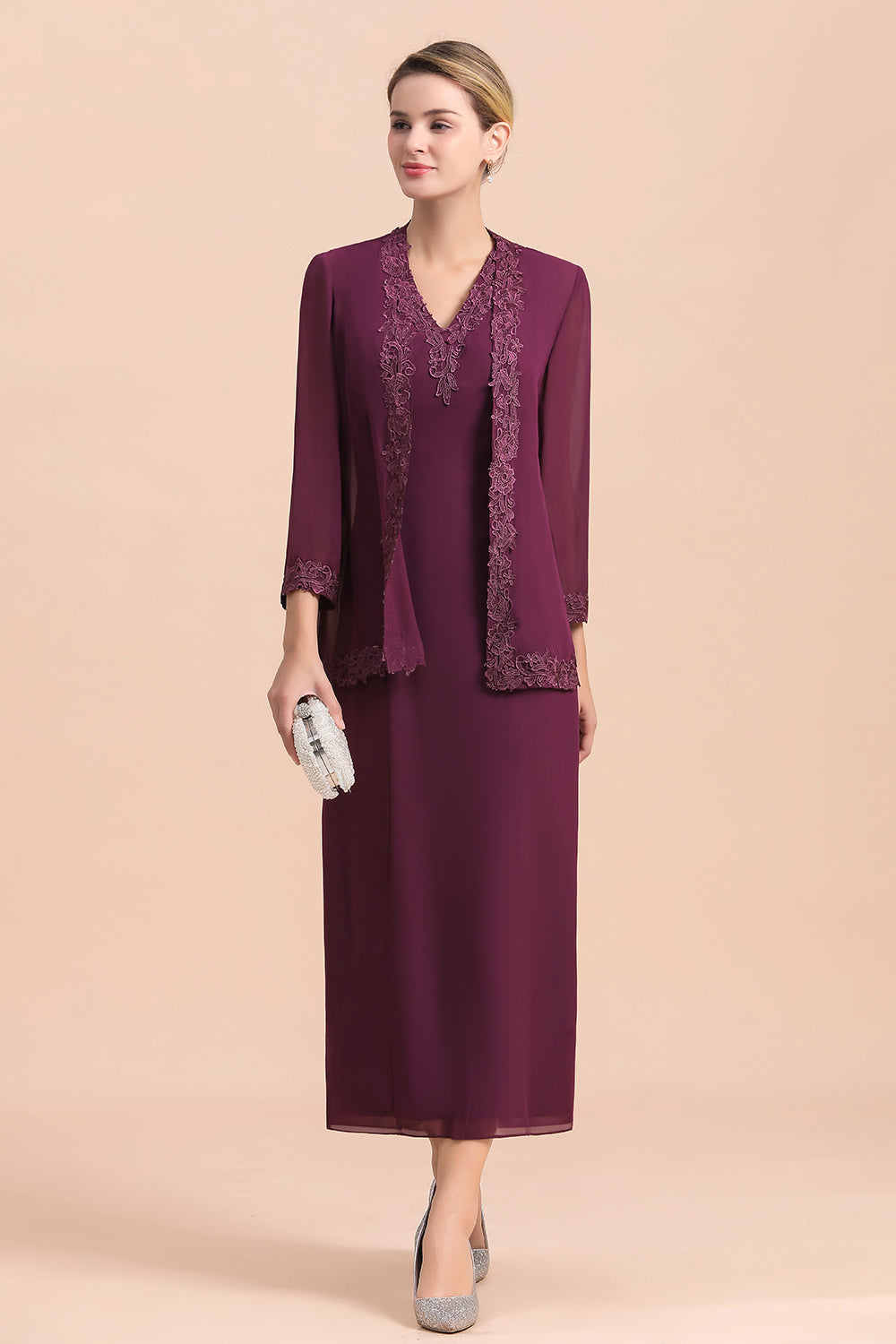 BMbridal Elegant V-Neck SLeeveless Apppliques Grape Mother of Bride Dress with Wraps