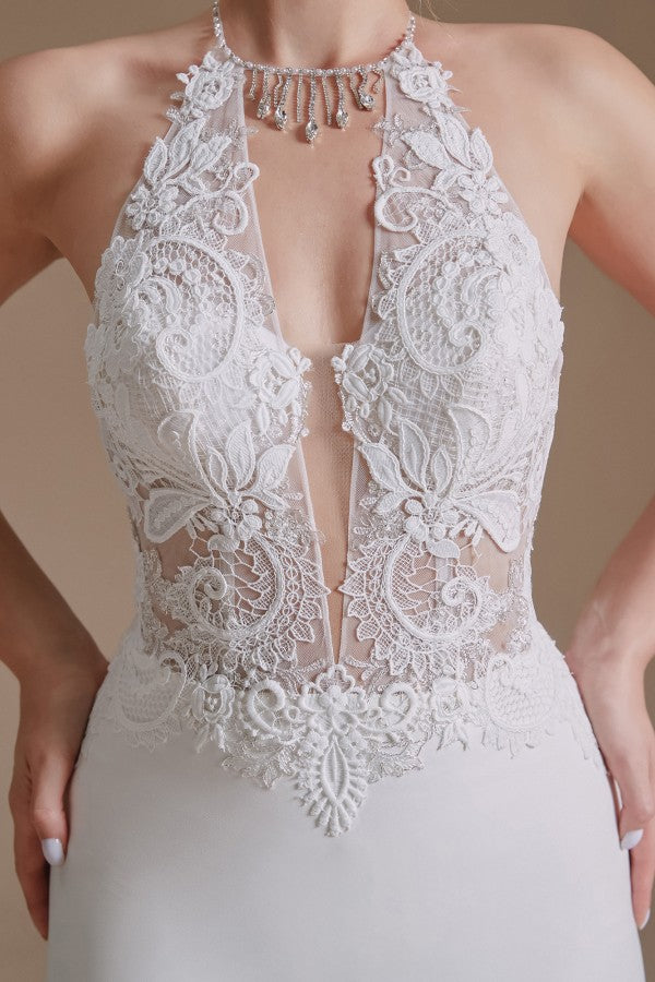 Charming Backless Long Mermaid Halter Satin Wedding Dresses With Lace Appliques