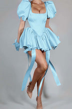 Bubble Sleeves Square Neck Short Prom Dress With Ruffles Pleated